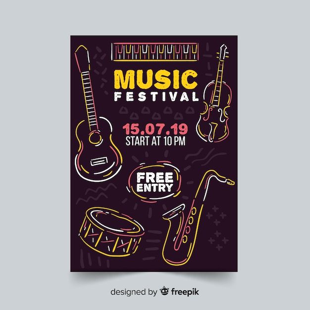 Kostenloser Vektor hand gezeichnetes musikfestivalplakat