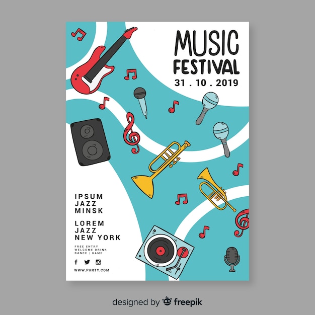 Kostenloser Vektor hand gezeichnetes musikfestivalplakat