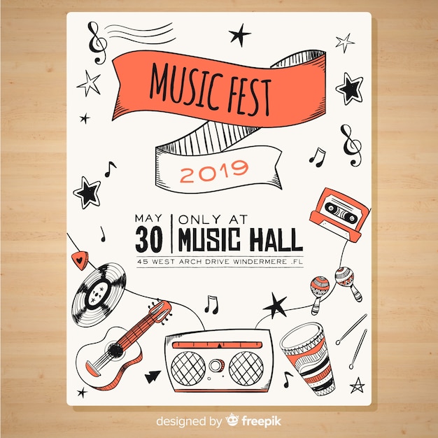 Kostenloser Vektor hand gezeichnetes musikfestivalplakat