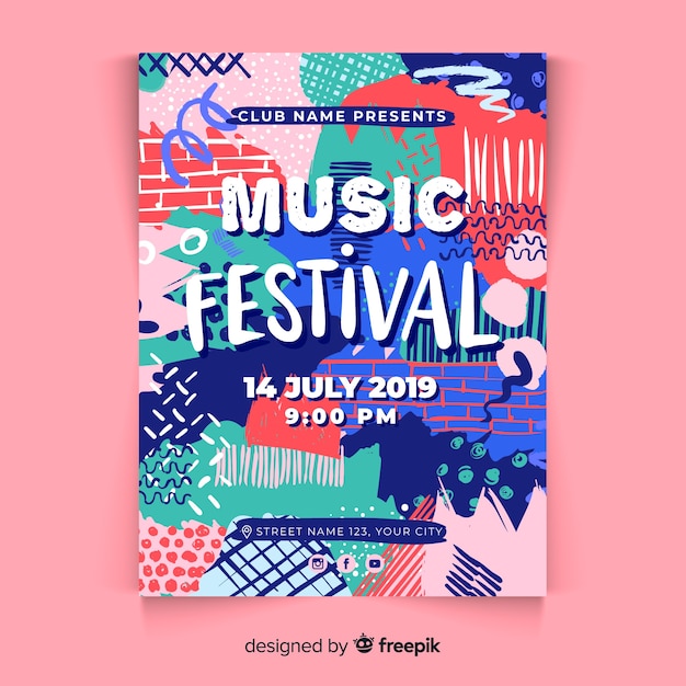 Kostenloser Vektor hand gezeichnetes musikfestivalplakat