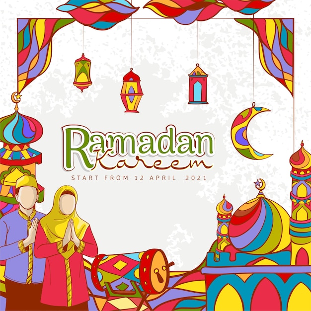 Kostenloser Vektor hand gezeichnetes ramadan kareem-banner mit buntem islamischem ornament auf grunge-textur
