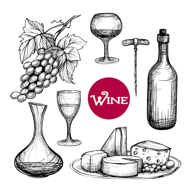 Hand gezeichnetes Wein-Set