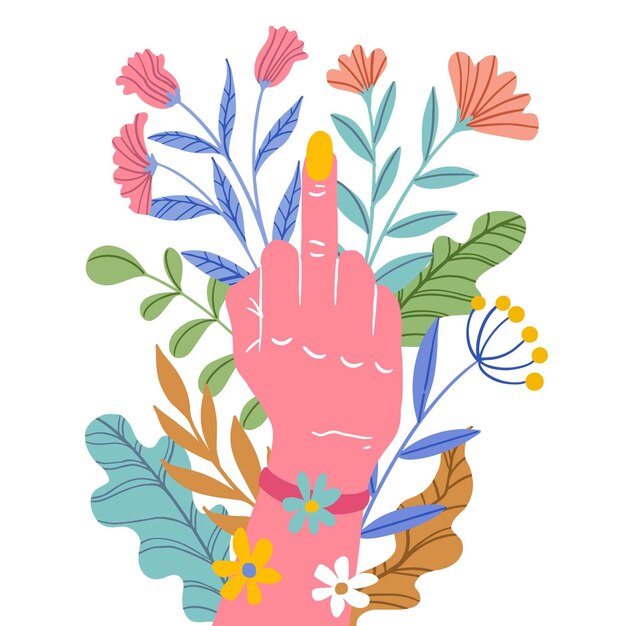 Hand umgeben von Blumen mit Fick-Du-Zeichen