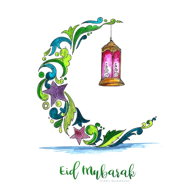 Hand zeichnen dekorative eid mubarak mit buntem mondhintergrund