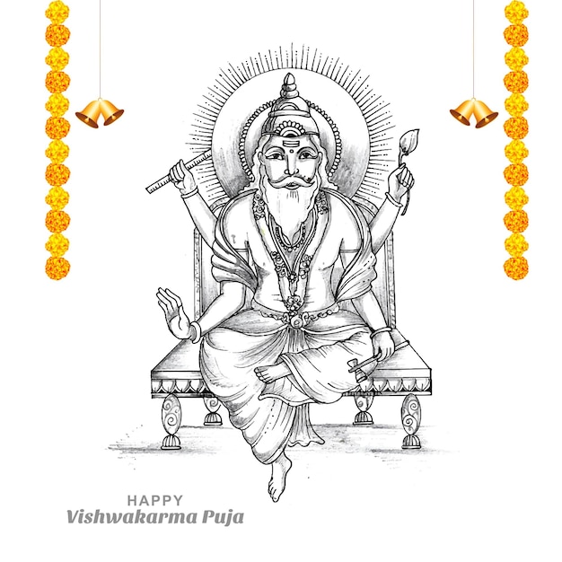 Kostenloser Vektor hand zeichnen hindu-gott vishwakarma skizze und vishwakarma puja feier design