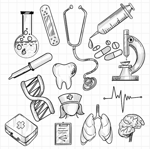 Hand zeichnen medizinische Ikone Skizze Set Design