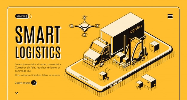 Handelszustelldienst, Vektornetzfahne der intelligenten Technologien des Geschäftslogistikunternehmens isometrische