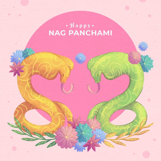 Handgemalte aquarell nag panchami illustration