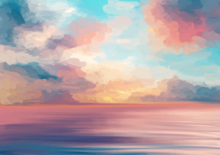 Kostenlose Vektor handgemalte minimale meereslandschaft mit sonnenuntergang-wolken