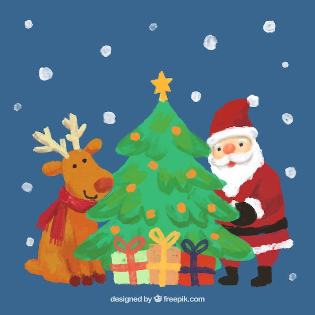 Handgemalte Rentier, Weihnachtsmann und ein Weihnachtsbaum