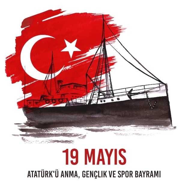 Handgemaltes Aquarellgedenken der Atatürk-, Jugend- und Sporttagsillustration