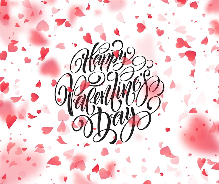 Kostenlose Vektor handgeschriebener text des glücklichen valentinstags auf unscharfem herzhintergrund. vektorabbildung eps10