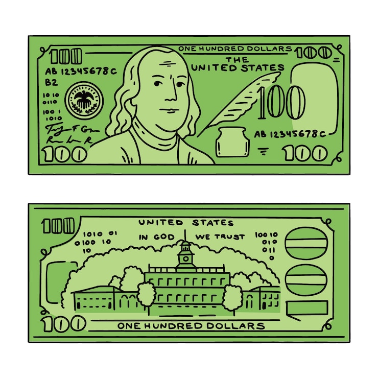 Kostenlose Vektor handgezeichnete 100-dollar-schein-cartoon-illustration