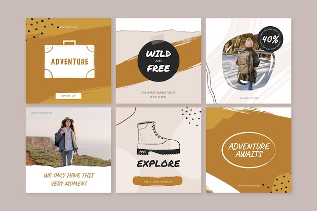 Kostenloser Vektor handgezeichnete abenteuer instagram posts sammlung mit foto