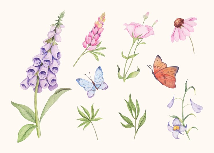 Kostenlose Vektor handgezeichnete aquarellblätter und blumenset