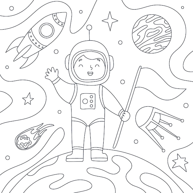 Kostenloser Vektor handgezeichnete astronauten-malbuchillustration