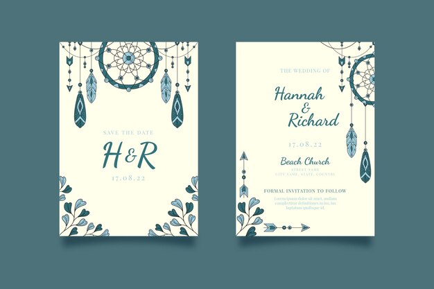 Handgezeichnete Boho-Hochzeitseinladungsschablone