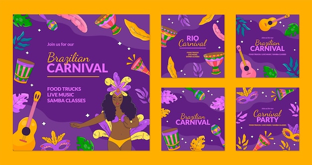 Handgezeichnete brasilianische karneval instagram posts sammlung
