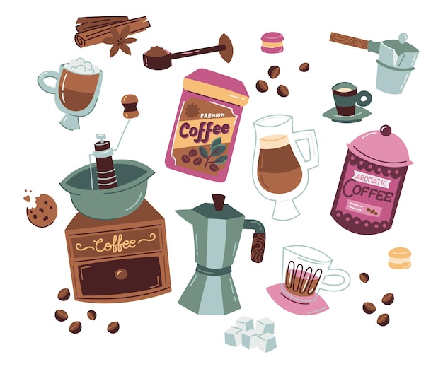 Handgezeichnete bunte Kaffee-Element-Sammlung