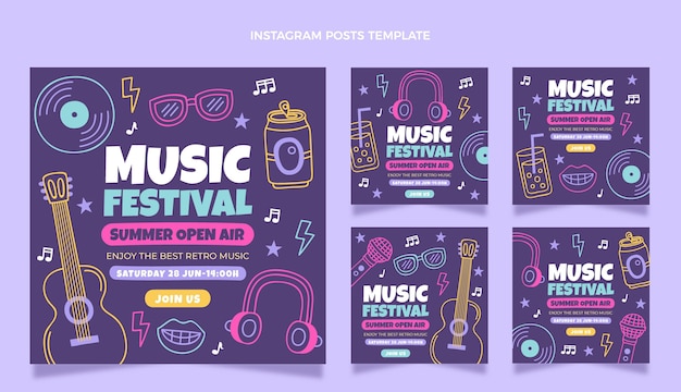 Handgezeichnete bunte musikfestival-instagram-posts