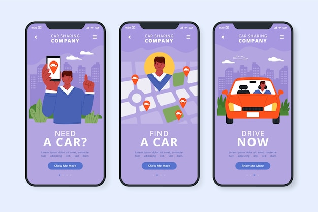 Kostenloser Vektor handgezeichnete carsharing-app-vorlage