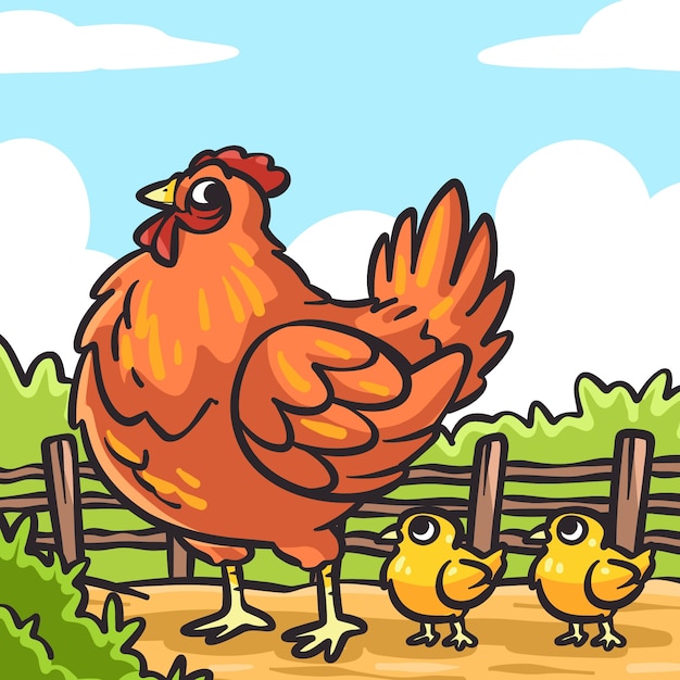 Kostenloser Vektor handgezeichnete cartoon-huhn-illustration