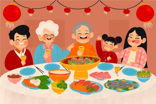 Kostenloser Vektor handgezeichnete chinesische neujahrstreffen-abendessen-illustration