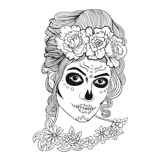 Kostenloser Vektor handgezeichnete dia de muertos catrina malvorlagenillustration