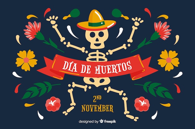 Handgezeichnete día de muertos hintergrund mit skelett