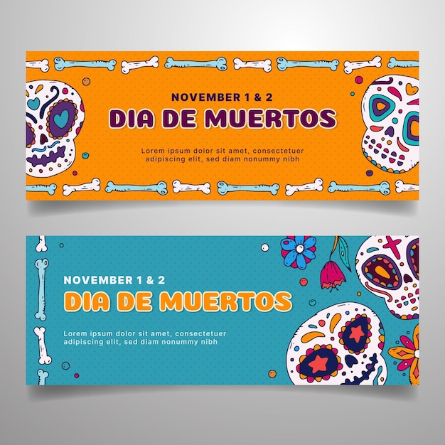 Handgezeichnete dia de muertos horizontale banner set