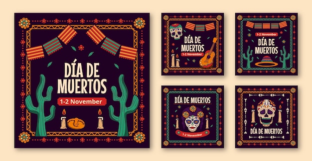 Kostenloser Vektor handgezeichnete dia de muertos instagram posts sammlung