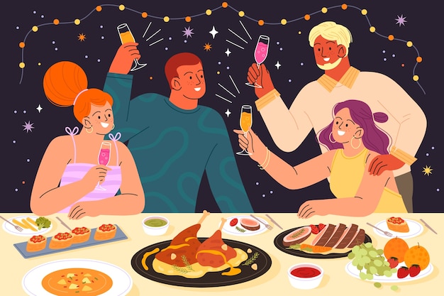 Handgezeichnete dinnerparty-illustration