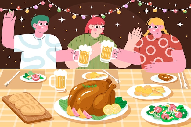 Handgezeichnete dinnerparty-illustration