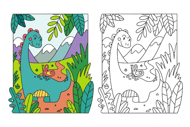 Handgezeichnete dinosaurier-malbuchillustration