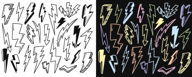 Kostenloser Vektor handgezeichnete doodle-blitzzeichen setzen vektorillustration verschiedener blitze oder elektrischer di