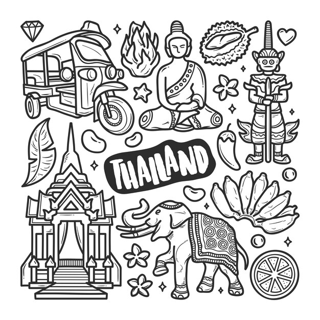 Handgezeichnete Doodle-Färbung der Thailand-Ikonen