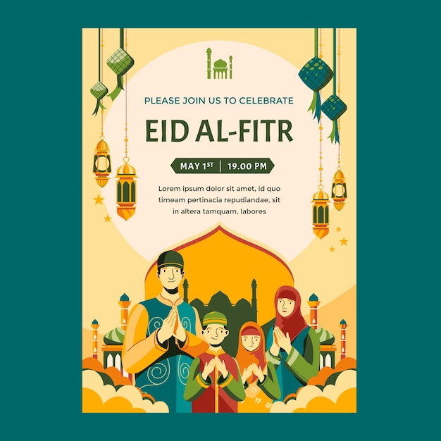 Kostenloser Vektor handgezeichnete eid al-fitr einladungsvorlage