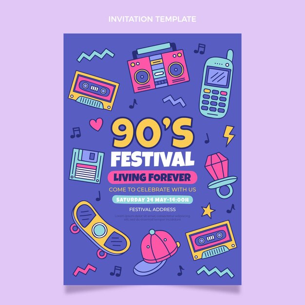 Handgezeichnete Einladung zum nostalgischen Musikfestival der 90er Jahre