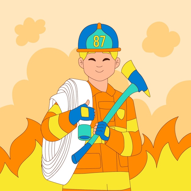 Kostenloser Vektor handgezeichnete feuerwehrmann-cartoon-illustration