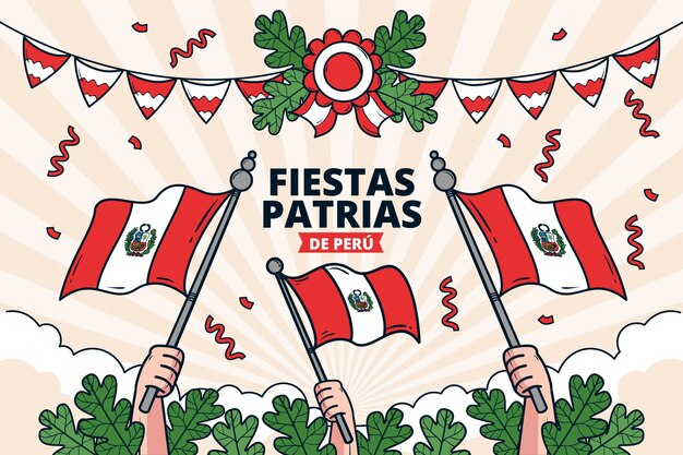 Handgezeichnete Fiestas Patrias Hintergrund mit Händen, die Flaggen halten