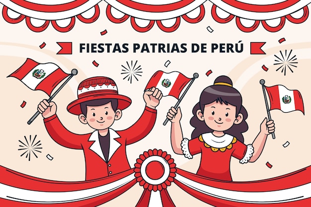 Handgezeichnete fiestas patrias hintergrund mit menschen, die fahnen halten