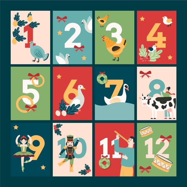 Handgezeichnete flache 12 Tage Weihnachtsillustration