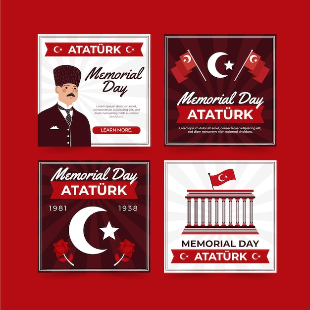 Kostenloser Vektor handgezeichnete flache atatürk-gedenktag instagram-posts-sammlung