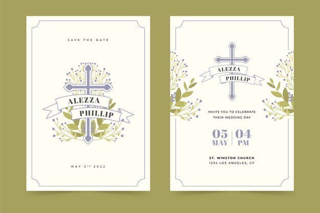 Handgezeichnete flache Design-Religions-Hochzeitseinladungen