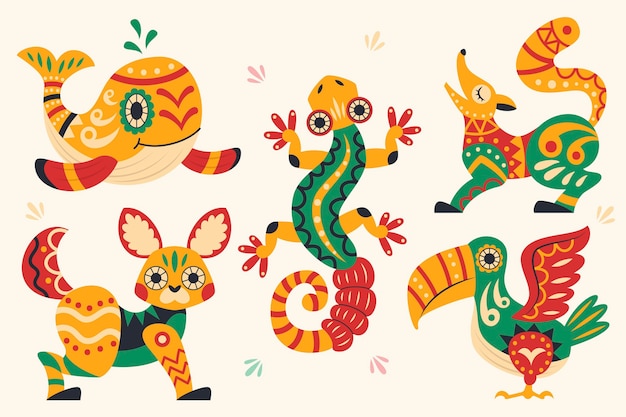 Handgezeichnete flache dia de muertos alebrijes-kollektion