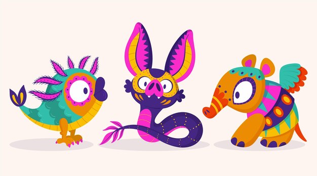 Handgezeichnete flache dia de muertos alebrijes-Kollektion