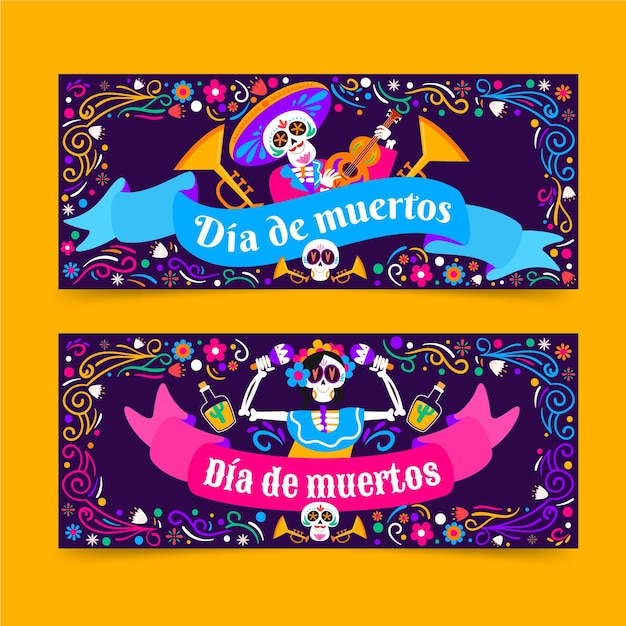 Kostenloser Vektor handgezeichnete flache dia de muertos horizontale banner eingestellt