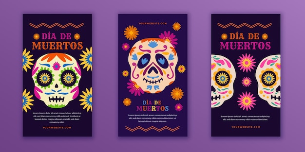 Kostenloser Vektor handgezeichnete flache dia de muertos instagram geschichtensammlung