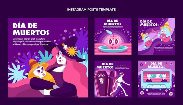 Handgezeichnete flache dia de muertos instagram posts sammlung