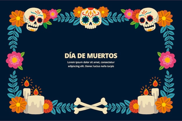 Handgezeichnete flache dia de muertos-rahmenschablone